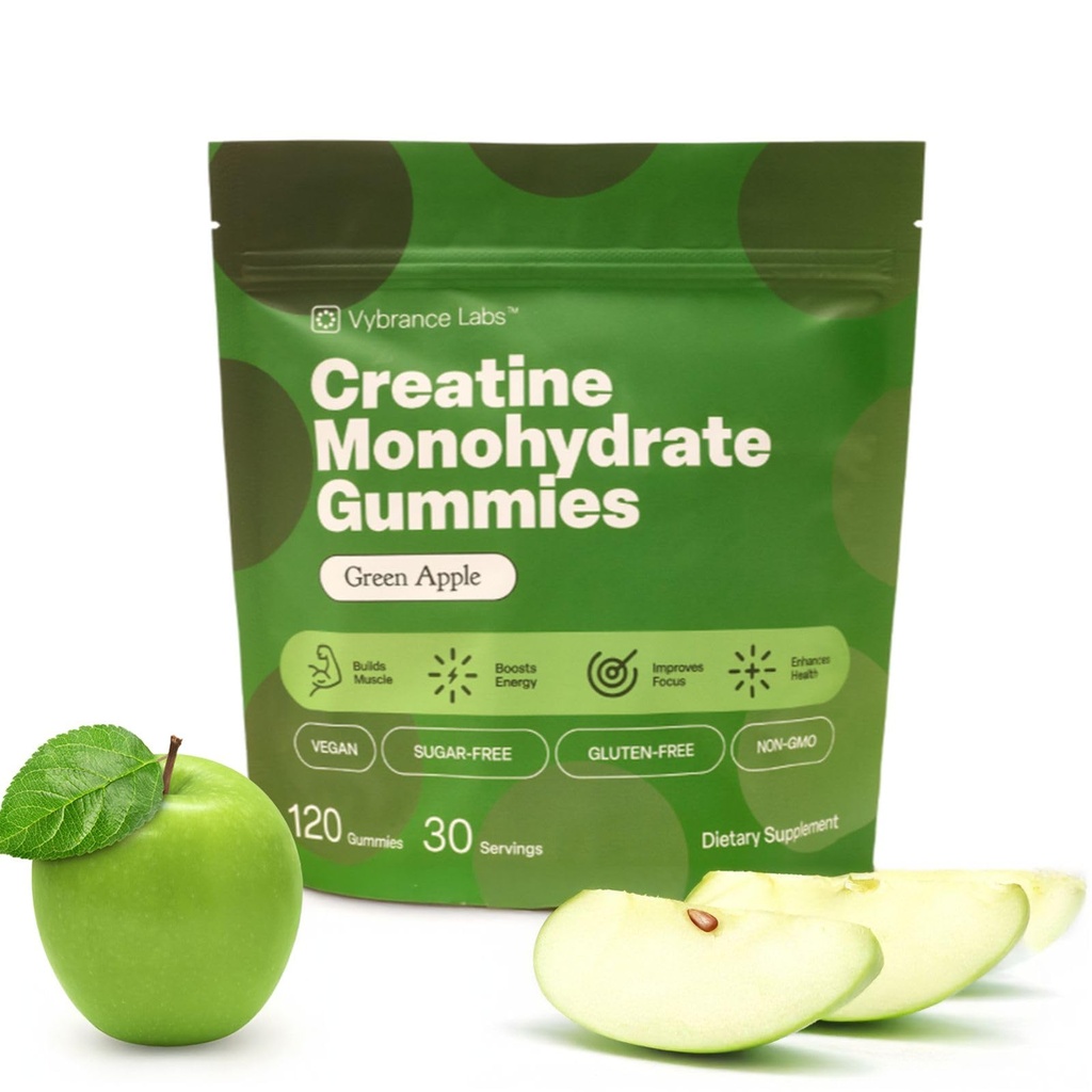 Creatin Gummies 5g monohydrat + Taurine & B12 - Sukkerfri, Vegan, Glutenfri - Grøn æble - 120 Greve (30 Servere) for styrke, energi og fokus