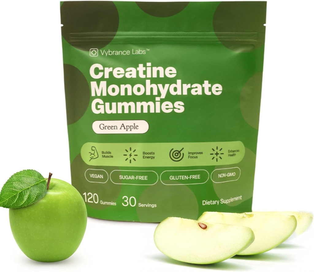 Creatin Gummies 5g monohydrat + Taurine & B12 - Sukkerfri, Vegan, Glutenfri - Grøn æble - 120 Greve (30 Servere) for styrke, energi og fokus