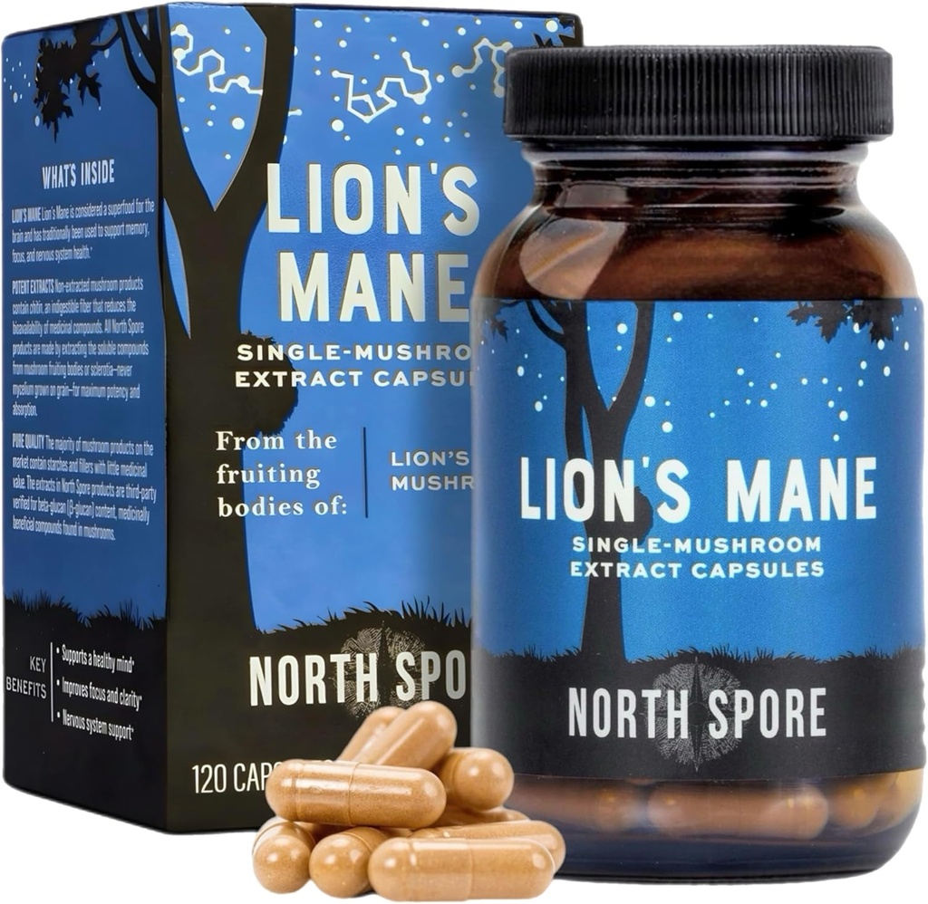 North Spore Organic Lions Mane Mushroom Extract Kapsler 124; Lions Mane Support 124; Boost Focus, Memory, Vitality, Kognitiv Funktion