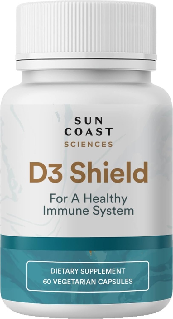 Sun Coast Science Sciences D3 Shield - Vitamin D3 5000 IE til immunforsvar og bensundhed 60 Vegetariske kapsler K2 med 180 mg Calciumcarbonat Maksimal absorption