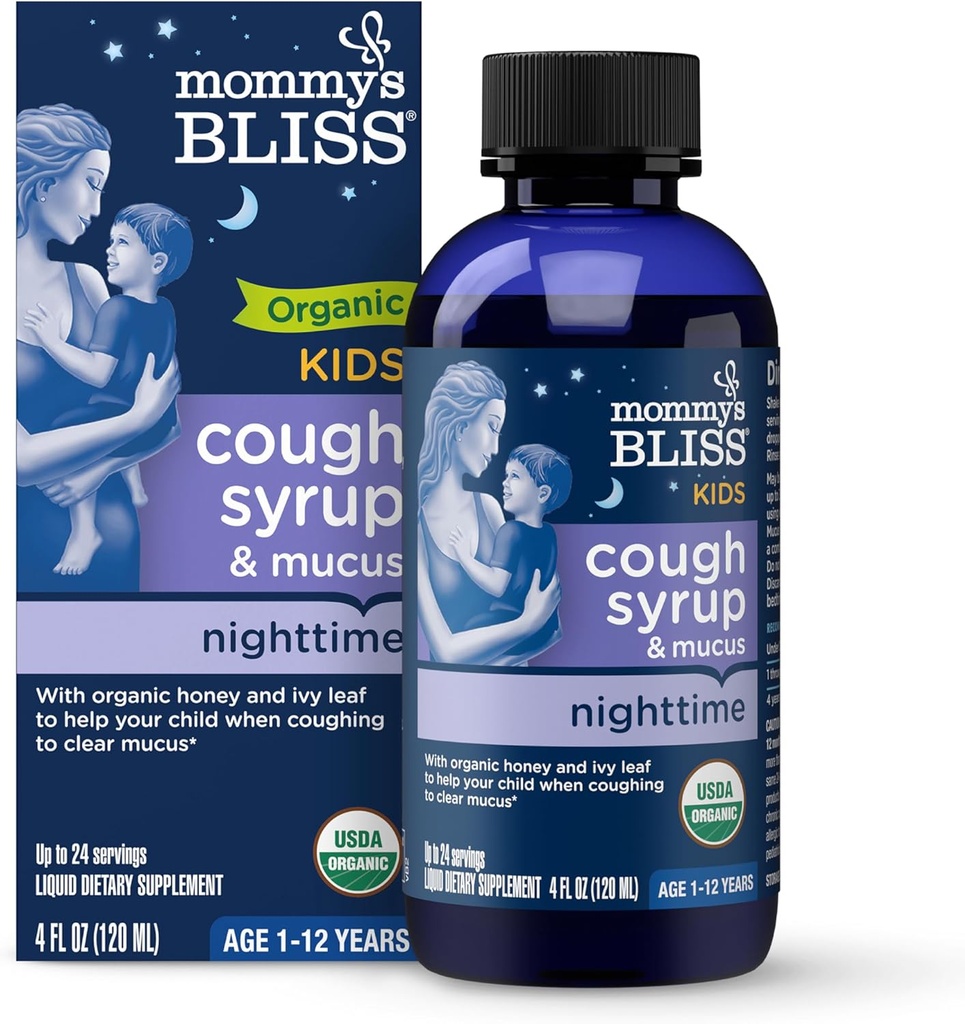Mors Bliss Organic Kids Hoste Syrup & Mucus Relief for Night Time, Agave & Honning, Ivy Leaf, Zink, C-vitamin, + Urteaften Blend, 4 Fl z