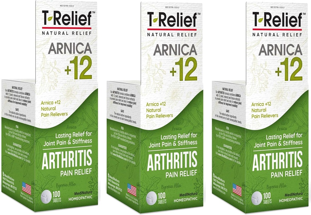 T- Relief Extra Strength Arthritis Pain Reliever Arnica + 12 Natural Medicines for Joint ømhed Stifhed Aches, Quick Opløsning Pain Relief for Women & Men - 100 tabletter (pakke med 3)