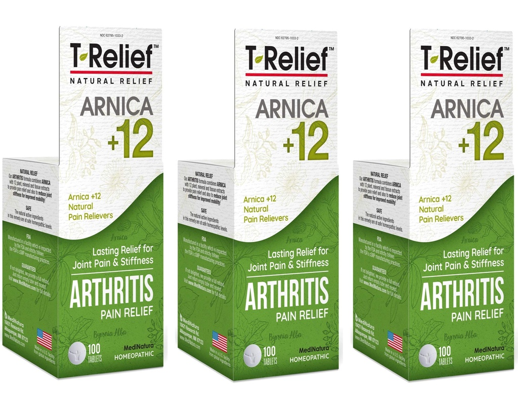T- Relief Extra Strength Arthritis Pain Reliever Arnica + 12 Natural Medicines for Joint ømhed Stifhed Aches, Quick Opløsning Pain Relief for Women & Men - 100 tabletter (pakke med 3)