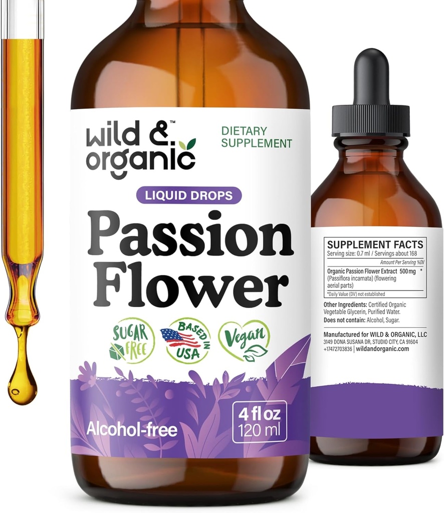 Wild & Organic Passion Flower Tinktur - Food Support - Calming Passionflower Supplement - Passiflora Incarnata Liquid Extract - Vegan, Sukker & Alkohol- Free Herb Drops - 4 fl oz