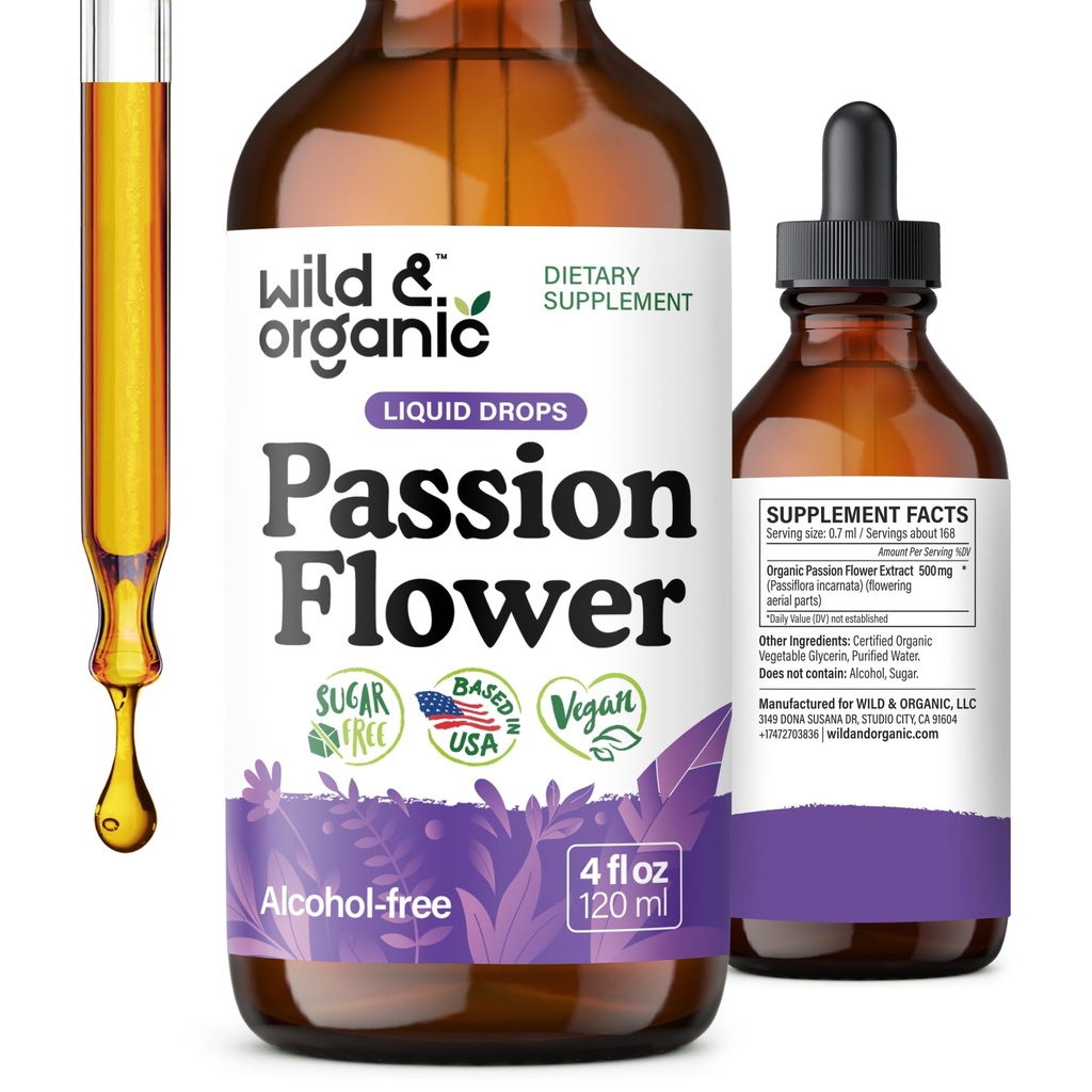 Wild & Organic Passion Flower Tinktur - Food Support - Calming Passionflower Supplement - Passiflora Incarnata Liquid Extract - Vegan, Sukker & Alkohol- Free Herb Drops - 4 fl oz