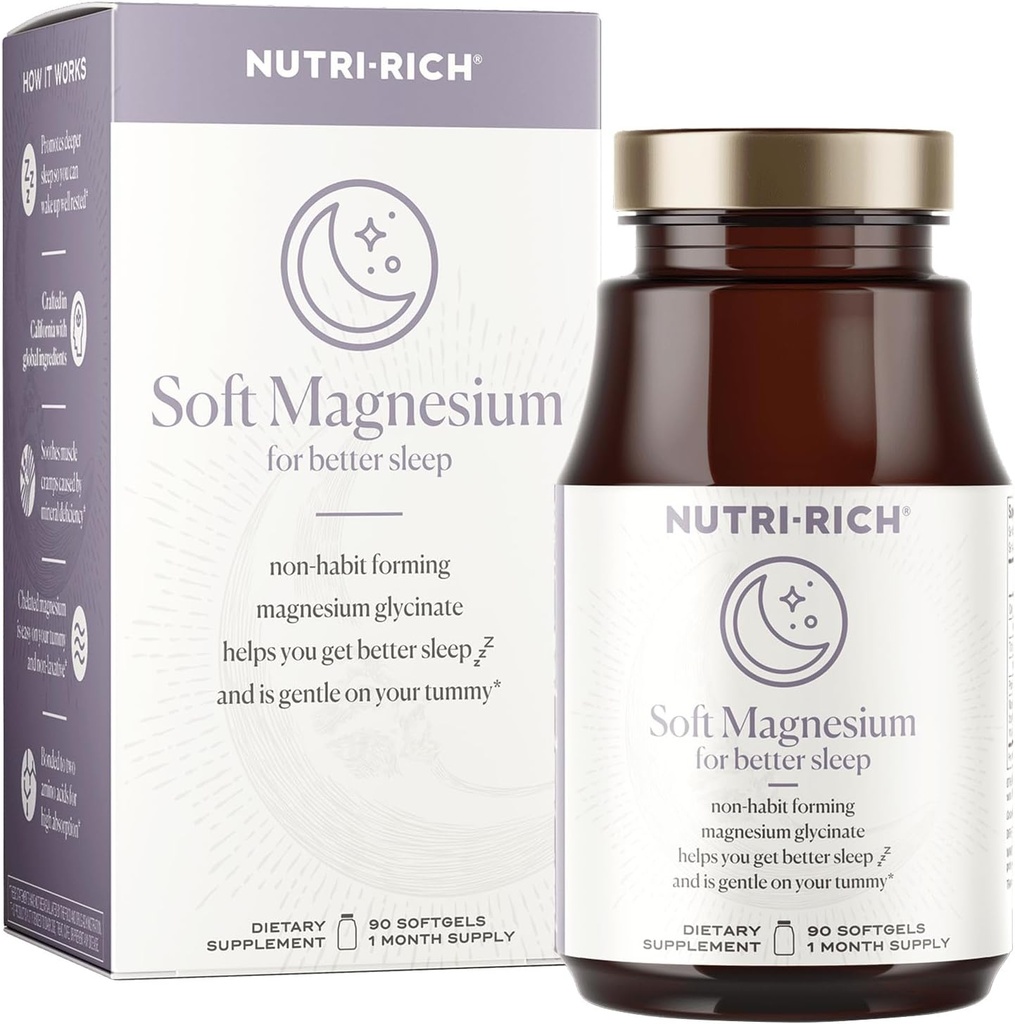 Nutri- Rich Magnesium Glycinate Chelat, Magnesium 400mg, Vitamin til bedre søvn, MCT Oil, høj potens, Easy Absorption, Muskel, Heart Health, Afslapning, 90 Greve, Gluten fri, Ingen Soy, Ikke GMO
