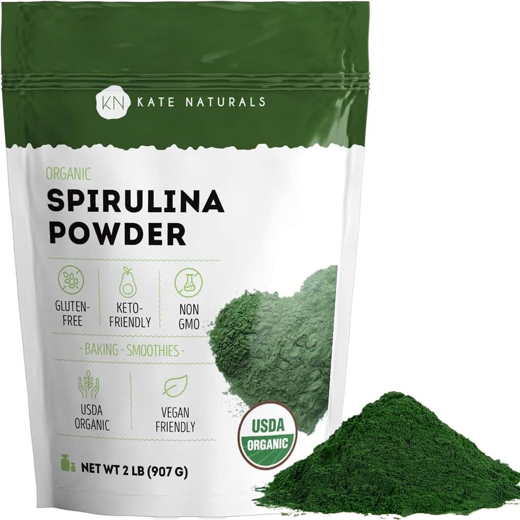 Kate Naturals Organic Spirulina Powder. Næringsstof Dense Superfood for Smoothies and Juice (2 LB, USDA Certified, Non-GMO, Gluten- Free)