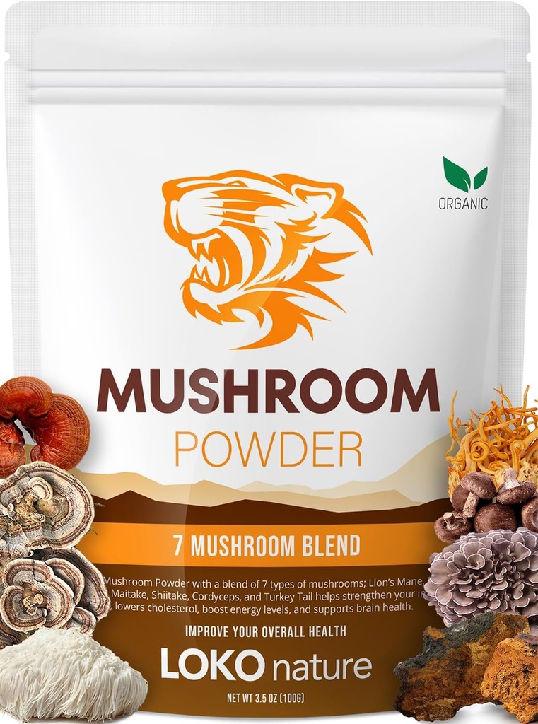 Tiger 7 Mushroom Powder Extract - 3.5oz (100g) Blend | Natural Ingredients - Lions Mane, Turkey Tail, Maitake, Shiitake, Reishi, Chaga & Cordyceps | Gluten-Free, Vegan, Dairy-Free