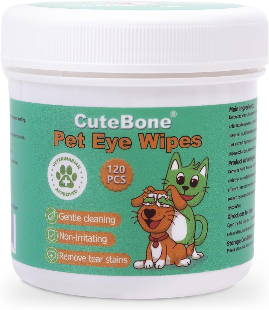CuteBone Pet Eye-servietter 120 Greve - Tænde og beroligende øjenrenseservietter til hunde og katte, Fjerner snavs, tåre og rester, forebygger øjeninfektioner, naturlige ingredienser, Sikker og nem at bruge