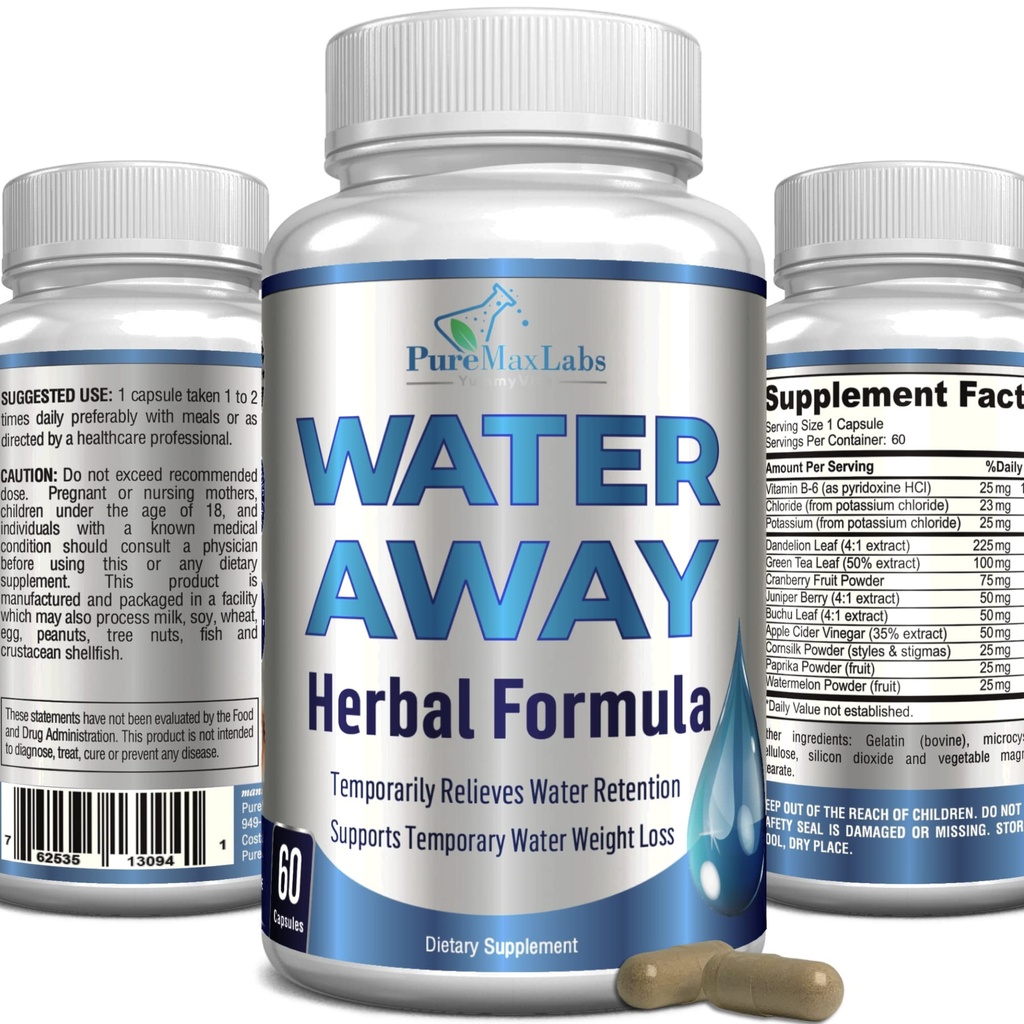 Vand væk Gentle Herbal Diuretic - Natural Diuretic Water Pills - Relieve Bloating, Reducer overskydende vand vægt med Mælkebøtte Leaf, grøn te, Detox rense og urinvejssygdomme. Ikke-GMO, 60 kapsler