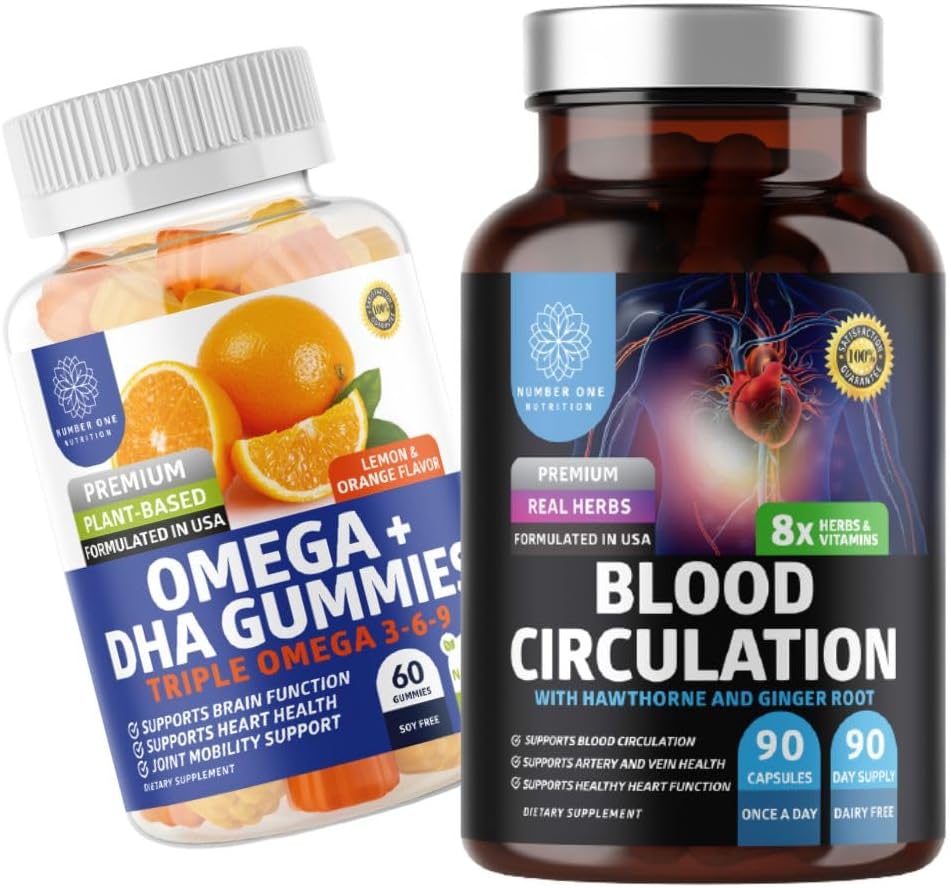 Nummer et ernæring N1N Premium blodcirkulation supplement med [8 kraftfulde urter & vitaminer] og Omega 3 6 9 + DHA Gummies, 2 Pack Bundle