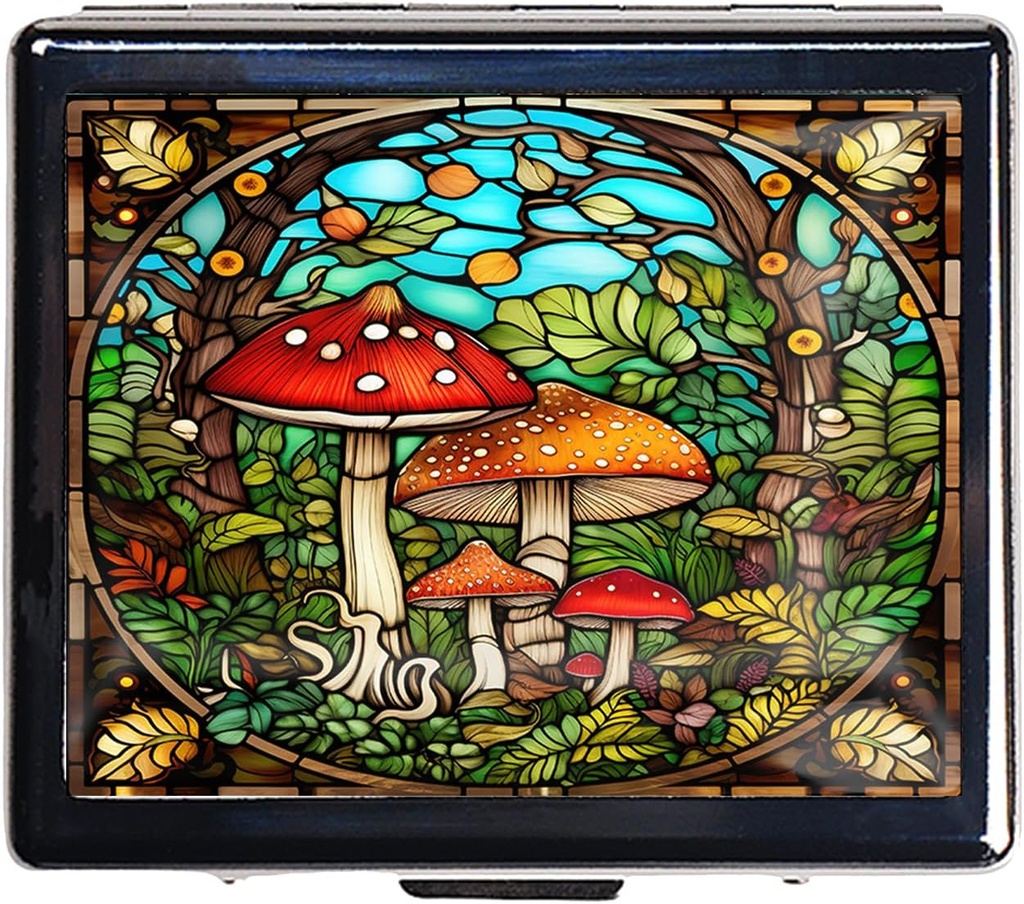 Travel Pill Organizer 7 Day Metal Pill Box with Mirror and 8 Compartments Cute Travel Pill Organizer for Purse (Mushroom Garden)