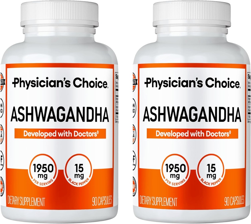 Lægens CHOICE Ashwagandha 1950mg Organic Ashwagandha Root Powder with Black Pepper Extract, Stress Support, Mood Support Supplement, 90 Veggie Ashwagandha Kapsler - 2 PCK