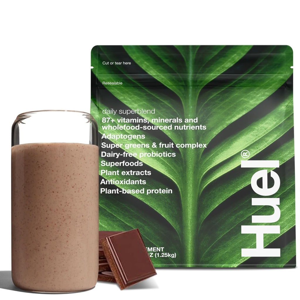 Huel Daily Superblend Chocolate Powder 124; 25g Plant Based Protein Budding 124; Super Greene Powder Buddy 124; 87 Vitamin, Mineraler, og Wholefood- Sourced Ingredienser Buddy 124; 19 Servering Buddy 124; Scoop ikke inkluderet for at reducere plast