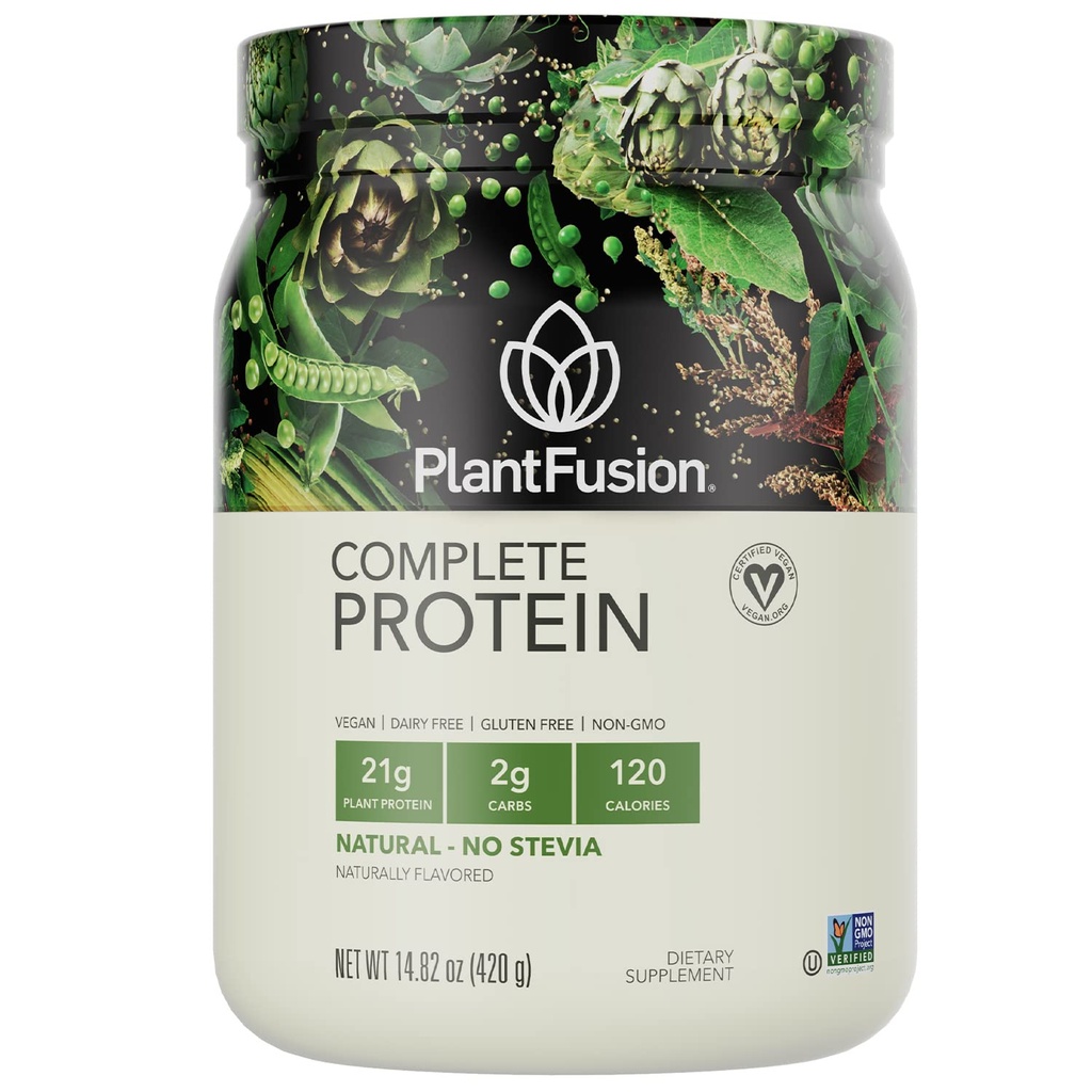 PlantFusion Complete Vegan Protein Powder - Plant baseret Protein Powder med BCAA, fordøjelsesenzymer og Pea Protein - Keto, Gluten Free, Non- Dairy, No Sugar, Non- GMO - NaturalNo Stevia 0,93 lb