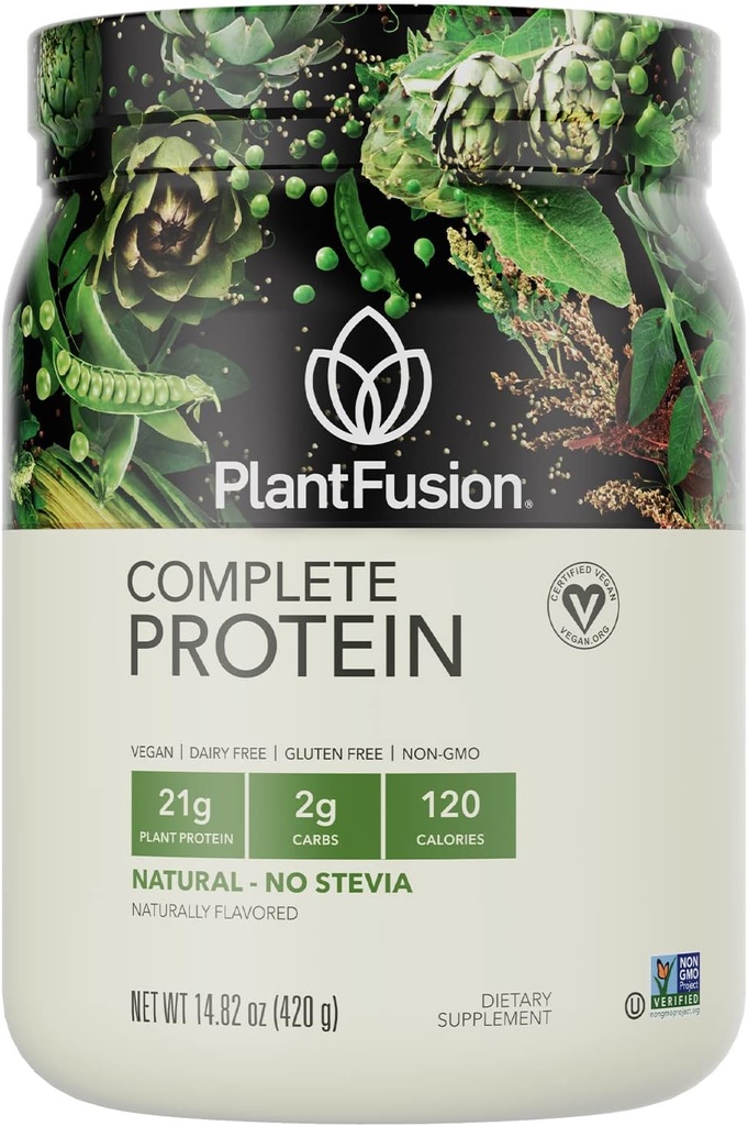 PlantFusion Complete Vegan Protein Powder - Plant baseret Protein Powder med BCAA, fordøjelsesenzymer og Pea Protein - Keto, Gluten Free, Non- Dairy, No Sugar, Non- GMO - NaturalNo Stevia 0,93 lb