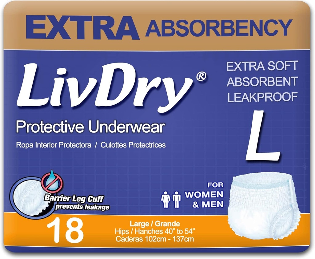 LivDry Adult Incontinence Underwear, Extra Absorbency Adult Diapers, Leak Protection, Large, 18-Pack