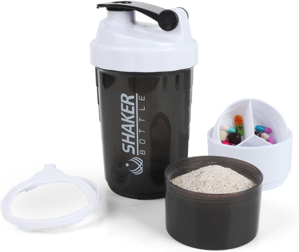 Shaker Flaske - Protein Shaker Cup med lagerområder - Leak- proof workout Ryst flasker med mixer til Glat Mixing- 500ML / 16oz (HVIDE & BLACK)