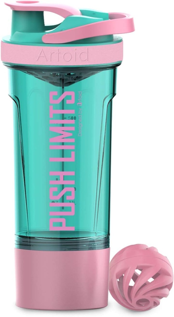 Artoid Mode Inspirativ Fitness træning Sports Protein Shaker Flaske 24 -Ounce, Dobbelt blanding teknologi med shaker bolde & blanding Grids inkluderet, Twist og Lock Protein Box Opbevaring inkluderet