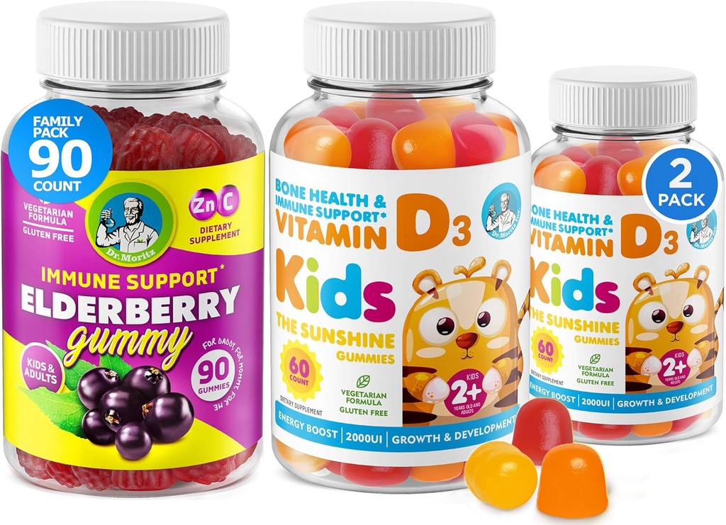 D-vitamin Gummies og Elderberry Gummies - Immunitet Mega Boost til børn og voksne - Vegetarisk Gelatin- Gratis immunforsvar Vitaminer til børn