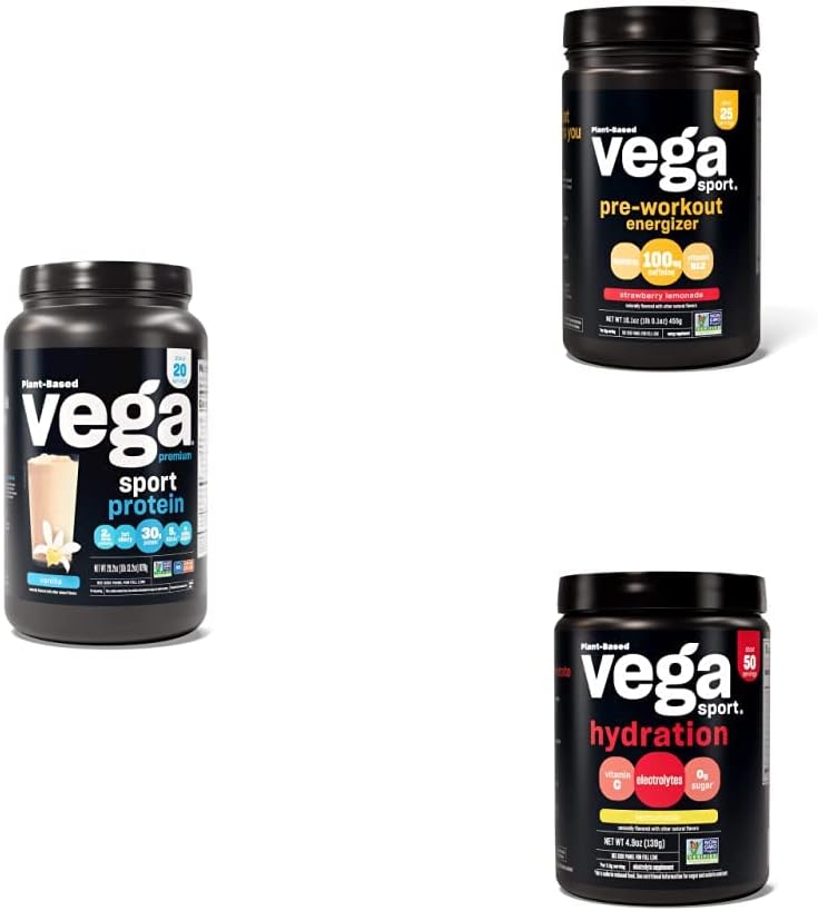 Vega Sport Rutine Bundle - Premium Vanilla Protein Powder (20 Servere) Strawberry Lemonade Preworkout Energizer (25 Servere) og Lemonade Electrolyte Hydration (50 Servere)