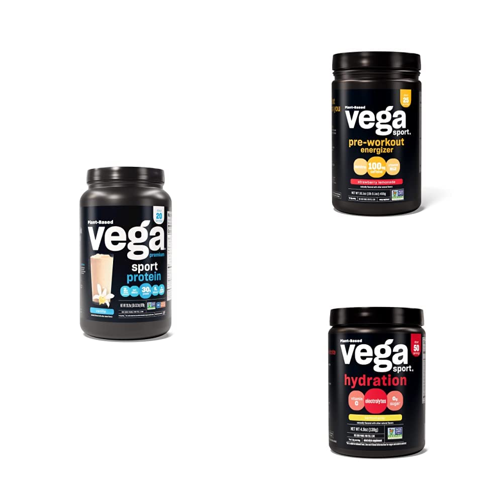 Vega Sport Rutine Bundle - Premium Vanilla Protein Powder (20 Servere) Strawberry Lemonade Preworkout Energizer (25 Servere) og Lemonade Electrolyte Hydration (50 Servere)