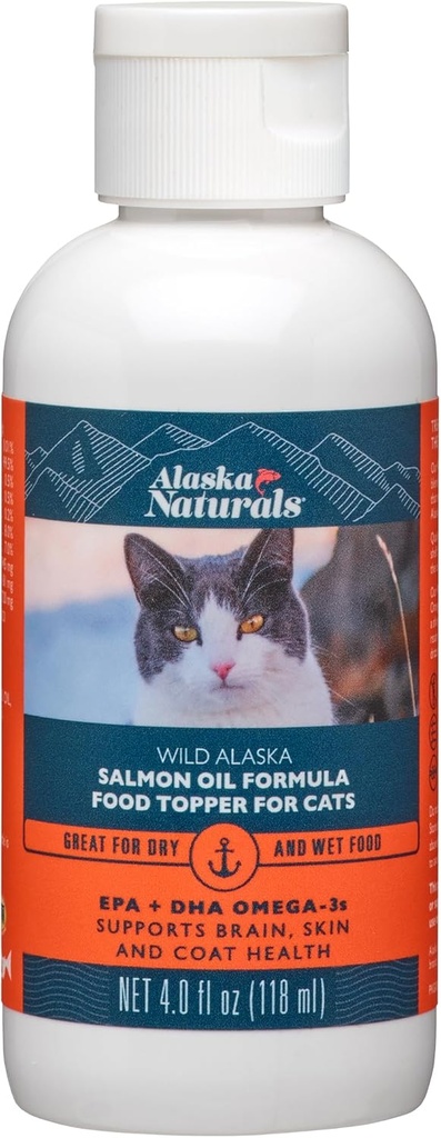 Alaska Naturals - Wild Alaska Salmon Oil Formel Cat Food Topper - EPA og DHA Omega-3 - tillæg til katte sund hud, Shiny Coat - Lavet i USA - 4 oz flaske