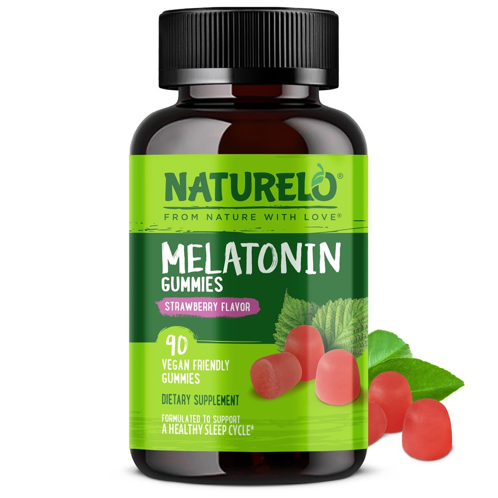 NATURELO Melatonin Gummies - Non-GMO, Gluten- Free, Soy Free - Strawberry Flavor - Gentle Sleep Supplement - 90 Vegetarisk Gummies