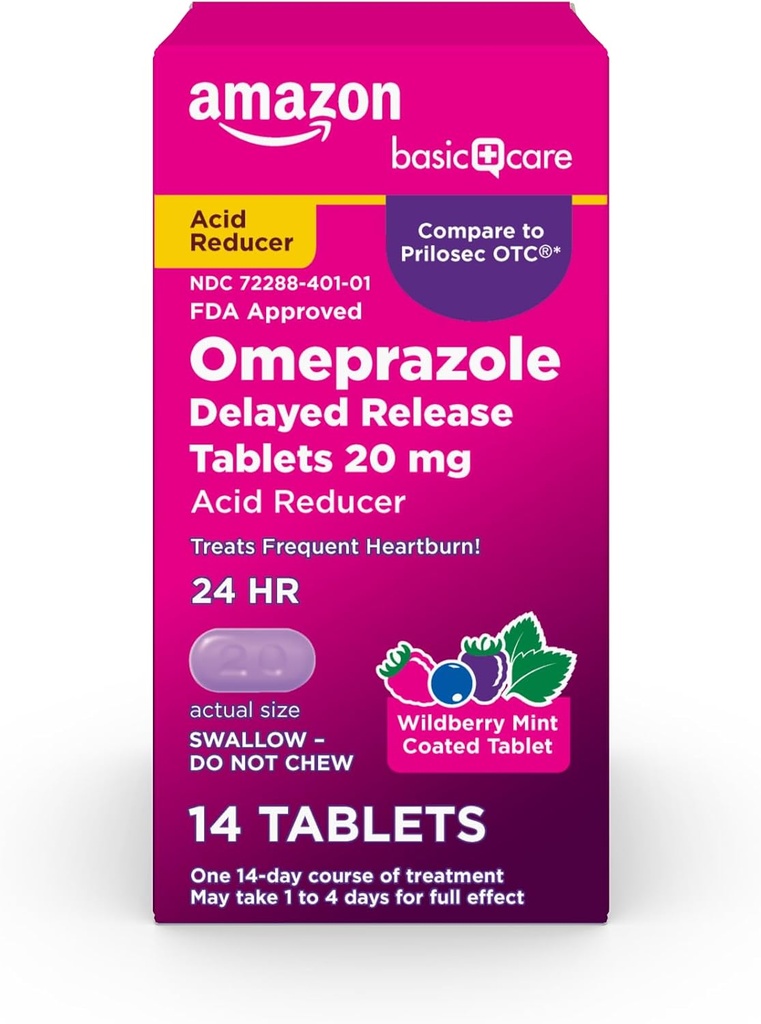 Basic Care Omeprazol Delayed Release Tablets 20 mg, Acid Reducer, Wildberry Mint Coated Tablet, 14 Greve
