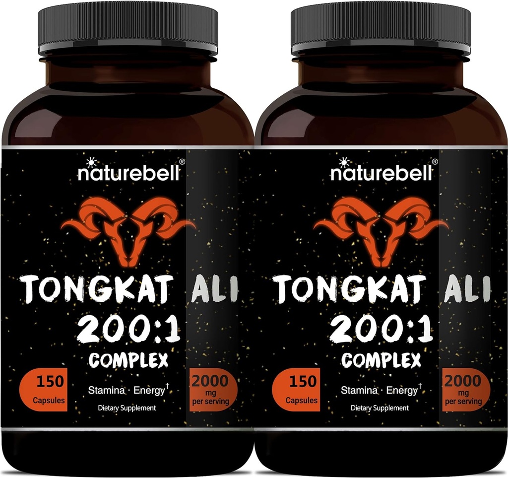 Tongkat Ali 200: 1 (Longjack) Extract for Men, 2000mg Per Serving, Indonesia Origin, Eurycoma Longifolia Budd124; med Panax Ginseng for Energy, Stamina, & Mand Health Support (150 Count (Pack of 2))