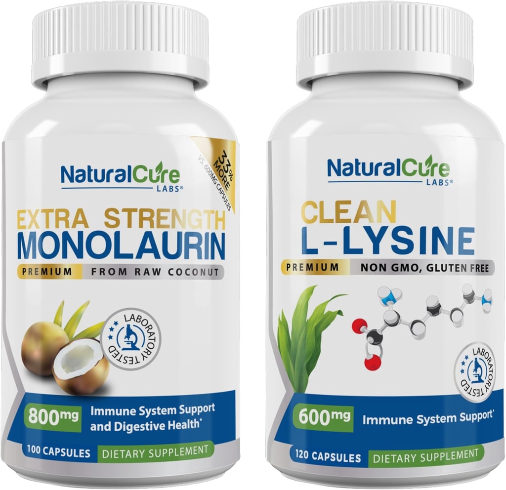 Natural Cure Labs Bundle: Extra Strength Monolaurin 800mg + Clean L- Lysin 600mg