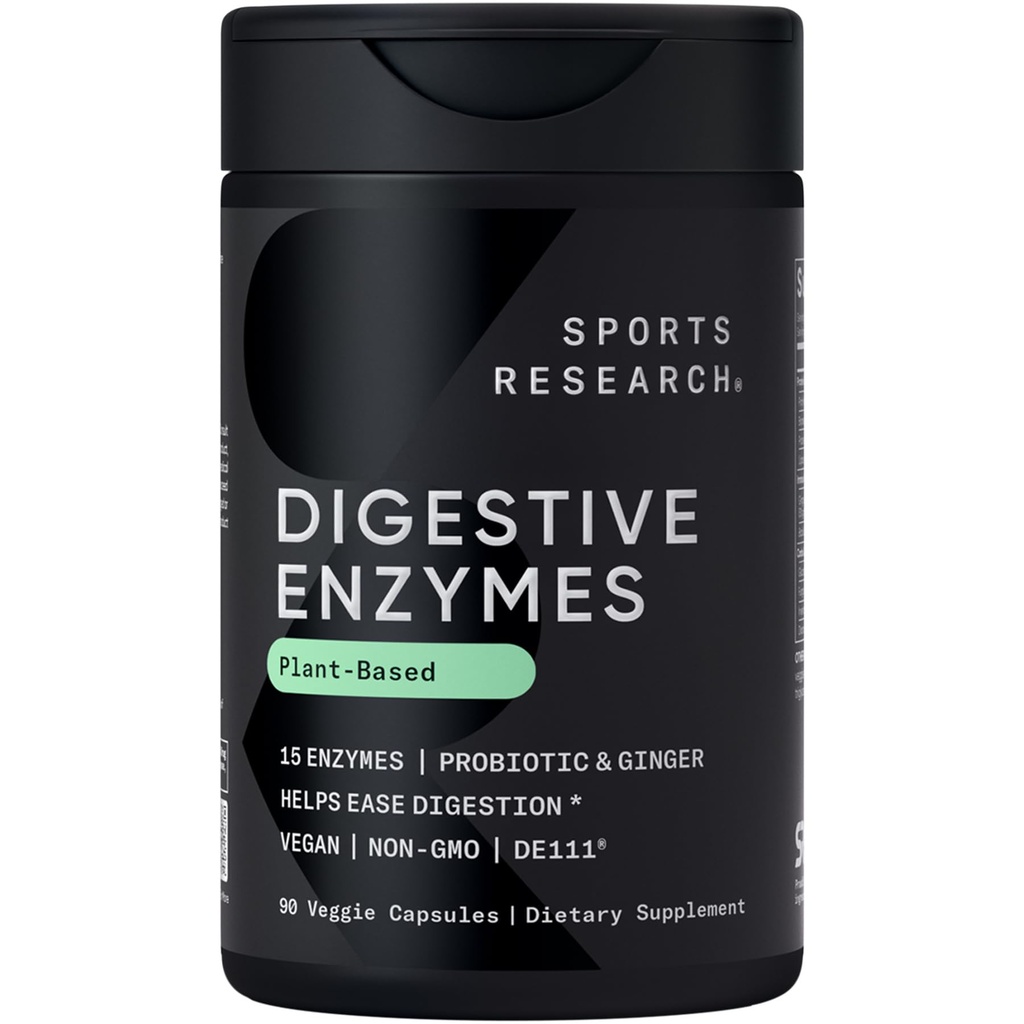 Sportsforskning Digitale enzymer med Probiotika & Ingefær - Plant baseret for Dairy, Protein, Sukker & Carbs - Ikke-GMO Verified & Vegan Friendly (90 Veggie Kapsler)