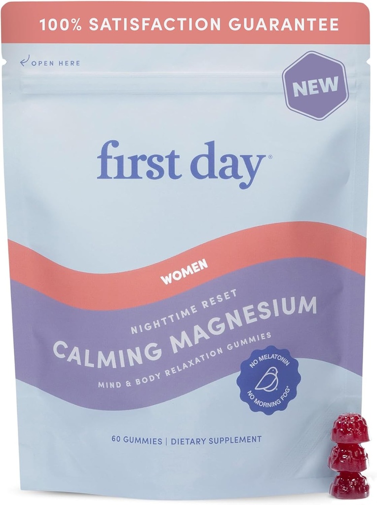 Første dag Kvindernes Nattetid Nulstil Calming Magnesium Gummies - Sleep Aid Understøtter Fredelig Hvile, Balanceret Mood & Energi - tillæg med Magnesium Citrate, L- Theanine & No Melatonin - 30-Day Supply