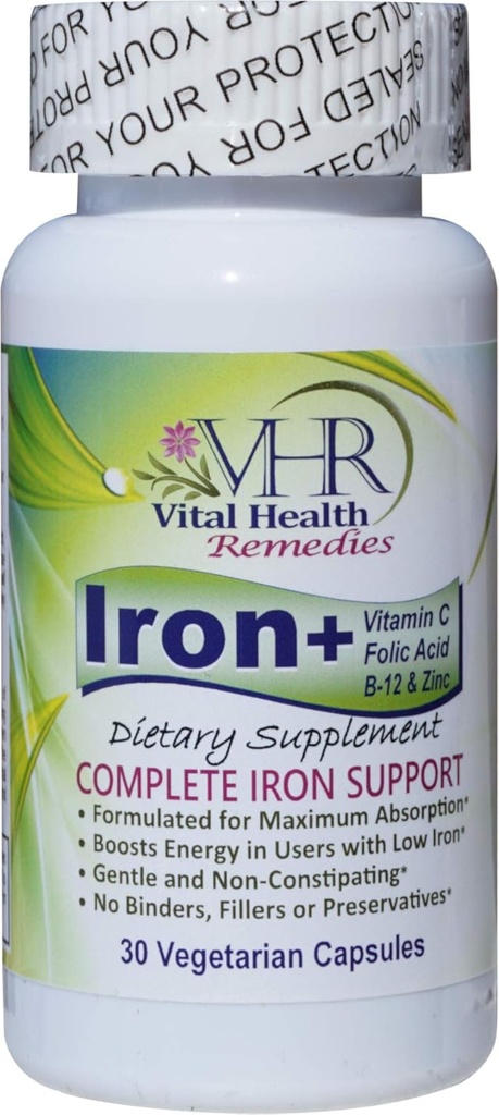 Jern + med C-vitamin, FOLIC-syre, B- 12 & ZINC Preservative- fri, blid og non- constipating Formuleret til maksimal absorption. 30 Veggie caps - Vital Health Remedies