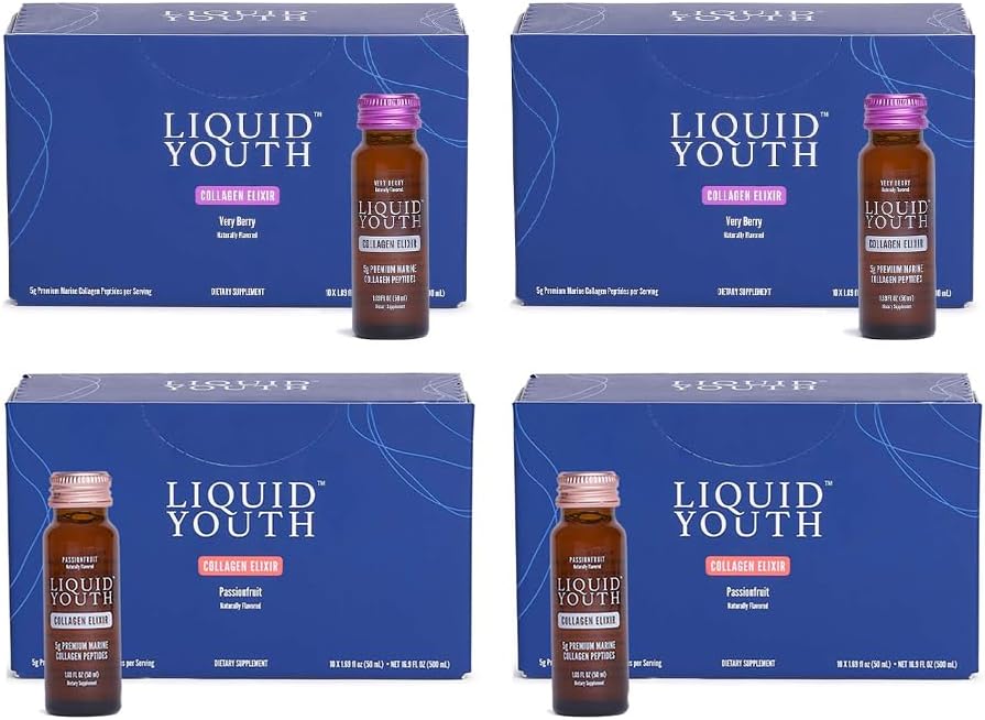 Flydende Collagen Elixir Skud for kvinder & mænd - Premium Flydende Marine Collagen for hårvækst, hud, negle, ben & fælles sundhed - præ-blandet, rejsevenlig (Passionsfrugt & meget berry, 40 Servere)