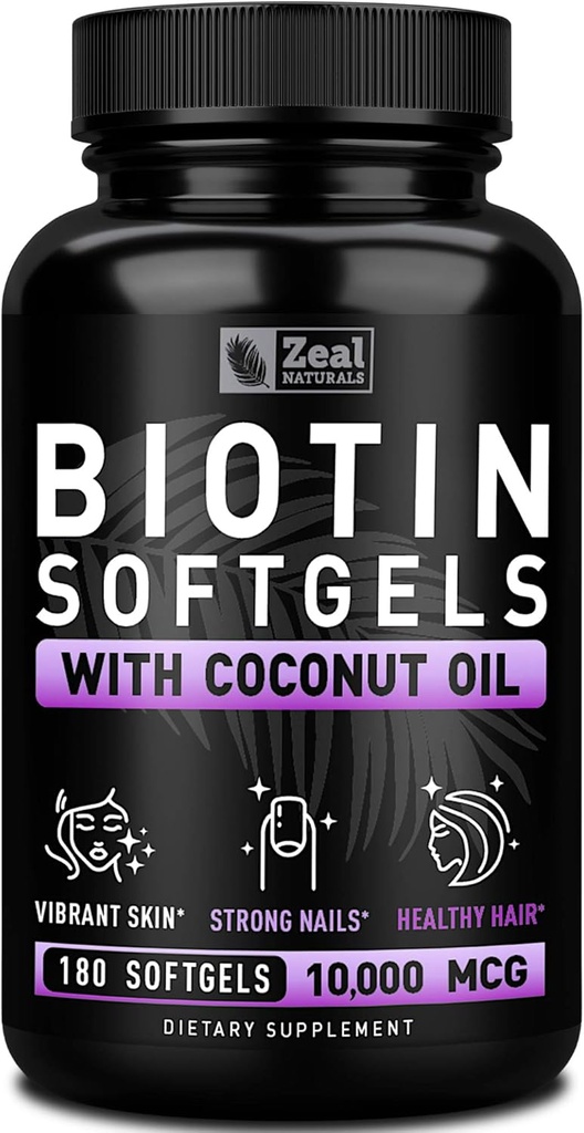Zeal Naturals Biotin med kokos olie til hår 10000mcg (180 softgel) Supplement - Biotin piller til hår hud og negle Vitaminer for kvinder Kapsler til mænd hårvækst 6 mo Tilgang