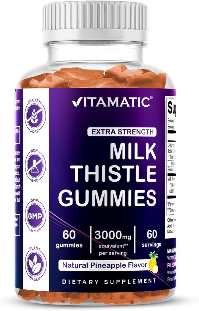 Vitamatic Milk Thistle Gummies- 10000 mg Ækvivalent per servering (fra 50: 1 Extract 200 mg) - Lever Detox & Anti oxidant Health - Min. 80% Silymarin Flavonoider - 60 Pectin Based Gummies