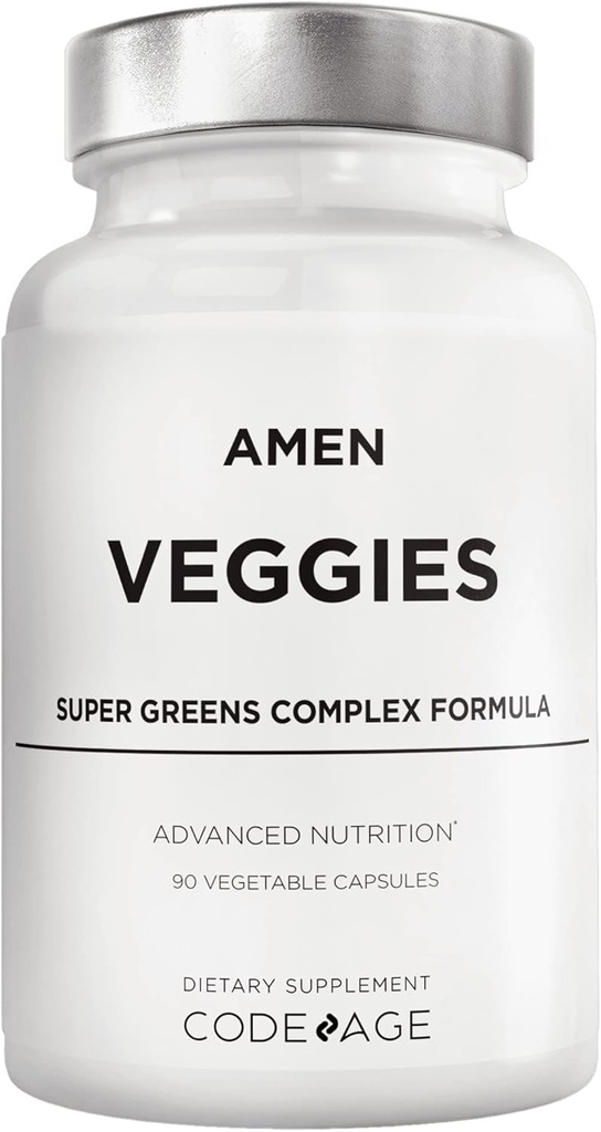 Amen Veggies, Daily Veggies Vitamin Supplement, Grøntsager Vegan Blend & Whole- Food Raw Greens Multivitamin Capsules, Mushroom Complex, Superfood, Minerals, Green Vegetabilske Nutrients, Non-GMO, 90 ct