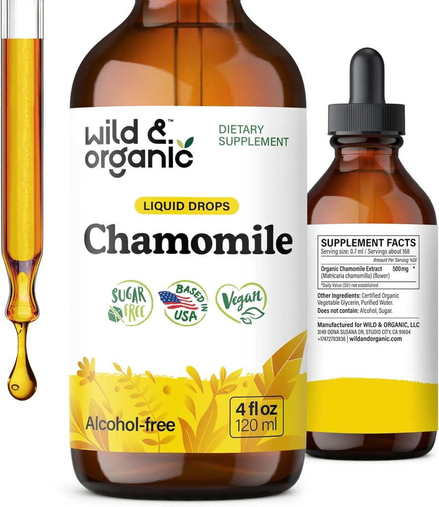 Wild & Organic Kamille Blomster Tinktur - Calming Supplement til afslapning - Kamille Udtræk Flydende dråber - Vegan, Sukker & Alkohol- Gratis - 4 fl oz