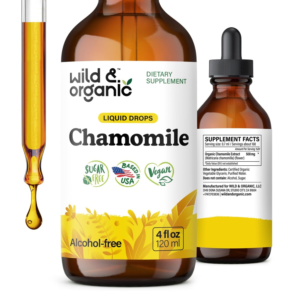 Wild & Organic Kamille Blomster Tinktur - Calming Supplement til afslapning - Kamille Udtræk Flydende dråber - Vegan, Sukker & Alkohol- Gratis - 4 fl oz