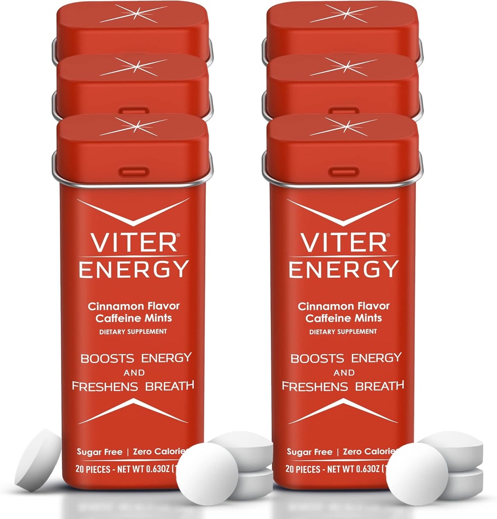 Viter Energy Koffein Mints (120 stykker) - 40mg Koffein, Sukker fri, Vegan, B Vitaminer Complex, Energy Supplement Koffein piller (kanel, 6 Pack)