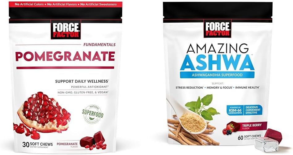 Kraftfaktor Pomegranat Chews for sund aldring & Ashwa Chews for stress Relief, hukommelse, fokus og immunforsvar
