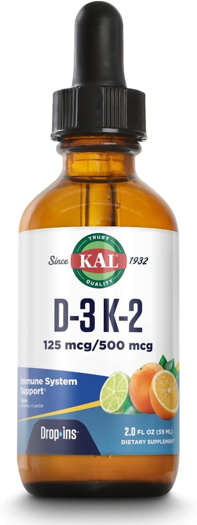 KAL D3 K2 DropIns 125 mcg / 500 mcg flydende D3 K2 dråber, ben sundhed, hjerte sundhed og immunforsvar Support, Natural Citrus Flavor, 60- dag penge tilbage garanti, Ca. 59 Serv, 2 FL OZ