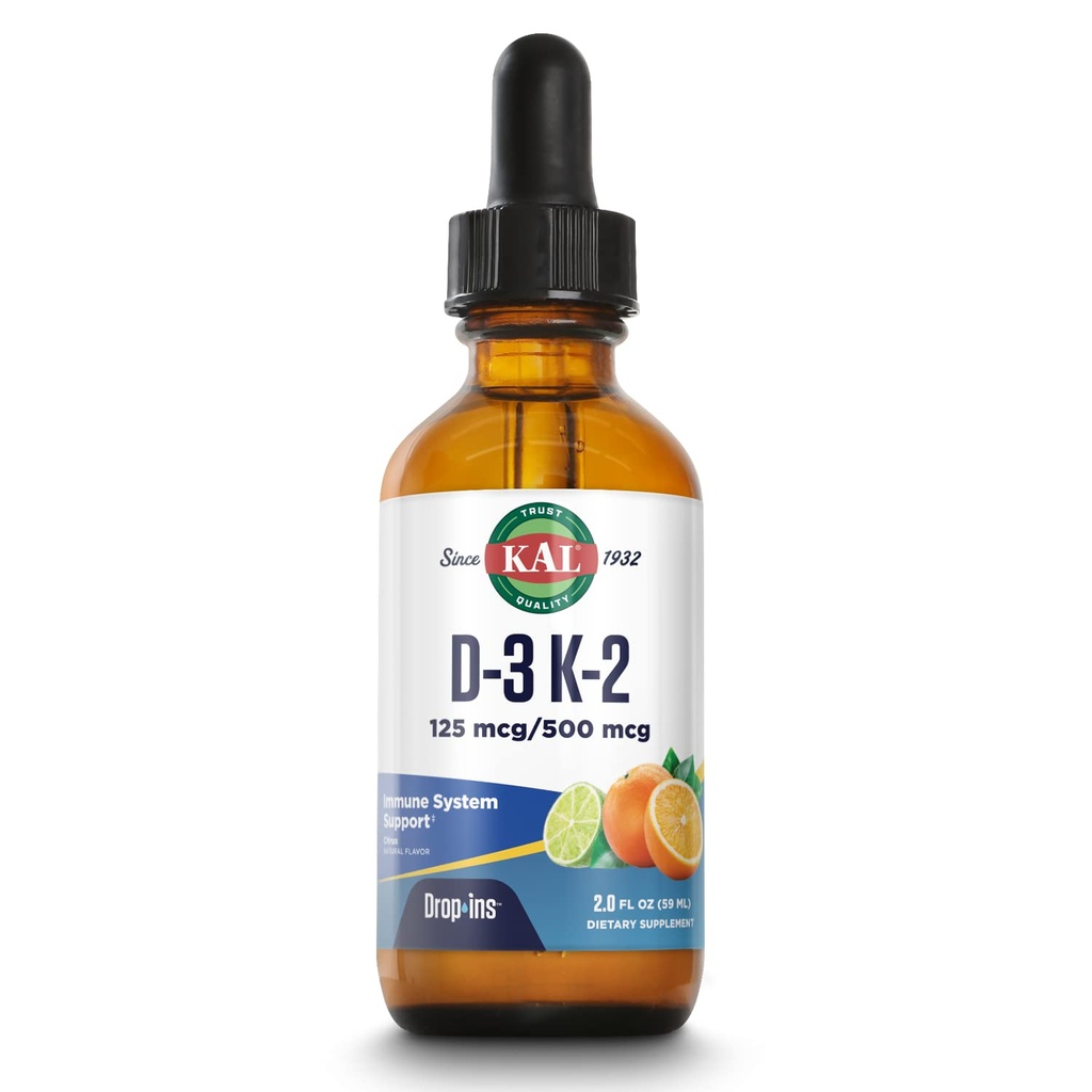 KAL D3 K2 DropIns 125 mcg / 500 mcg flydende D3 K2 dråber, ben sundhed, hjerte sundhed og immunforsvar Support, Natural Citrus Flavor, 60- dag penge tilbage garanti, Ca. 59 Serv, 2 FL OZ