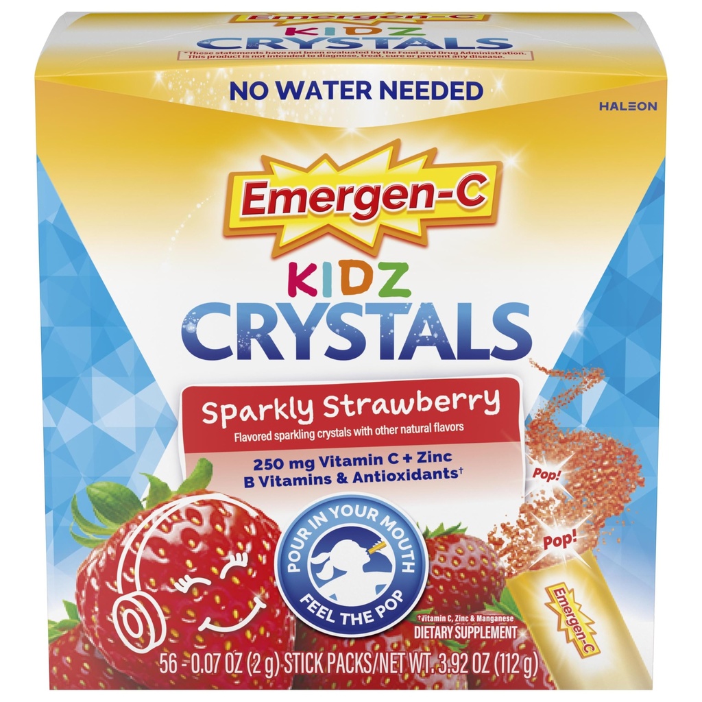Emergen- C Kidz krystaller, On- the- Go Emergen- C immunstøtte supplement med vitamin C, B vitaminer, zink og mangan, Sparkly Strawberry, Stocking Stuffer - 56 Stick Packs