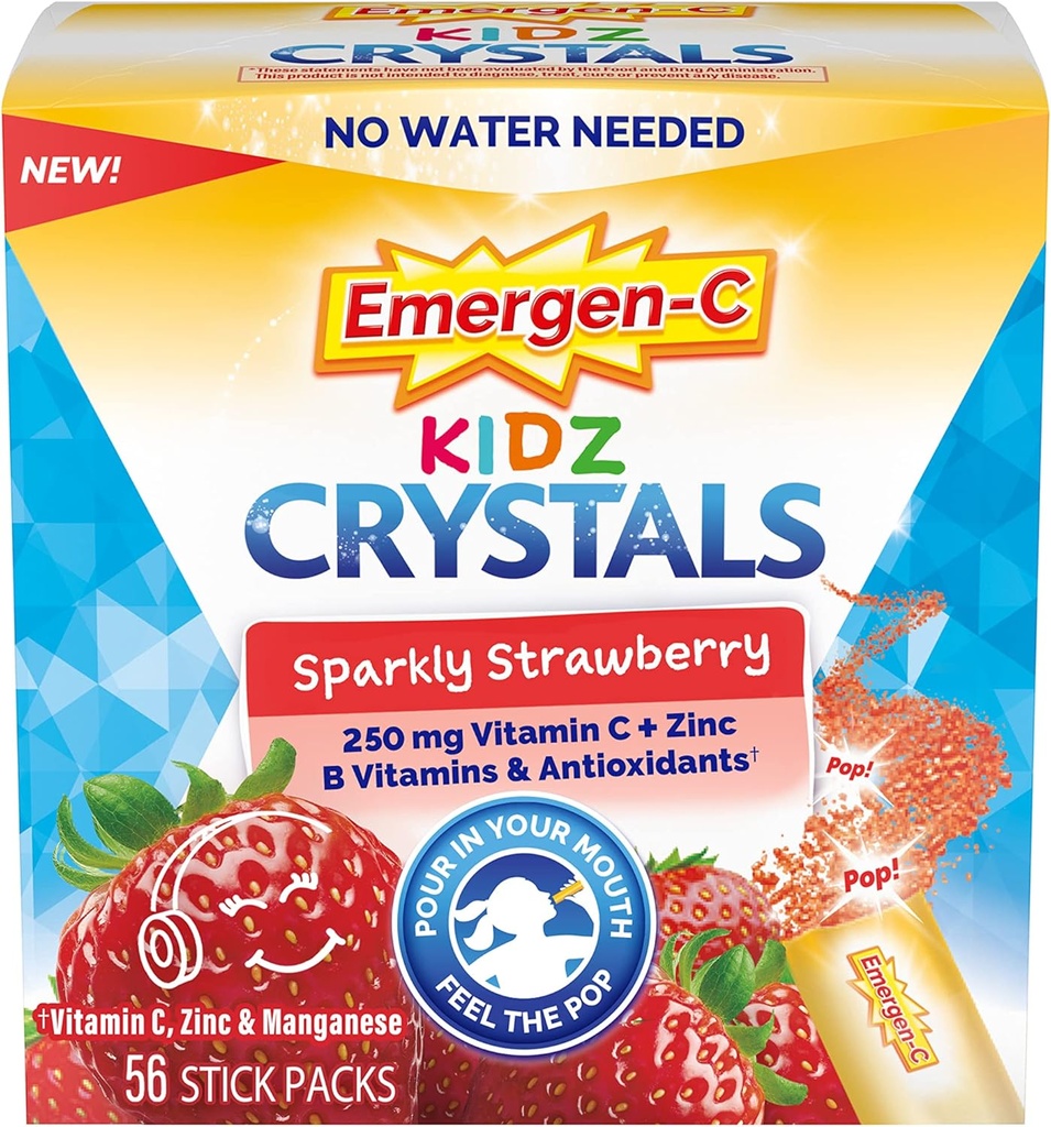Emergen-C Kidz Crystals, On-the-Go Emergen-C Immune Support Supplement with Vitamin C, B Vitamins, Zinc and Manganese, Sparkly Strawberry, Stocking Stuffer - 56 Stick Packs