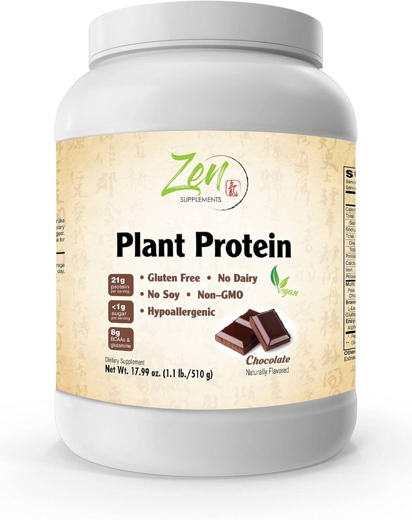 Zen Supplements - Plant Protein- Chocolate 510G 1.1LB -Powder - 23 Gram Protein Per Serving -Vegan, Lave Net Carbs, Non Dairy, Gluten Free, Lactose Free, No Sugar Added, Soy Free, Kosher, Non- GMO