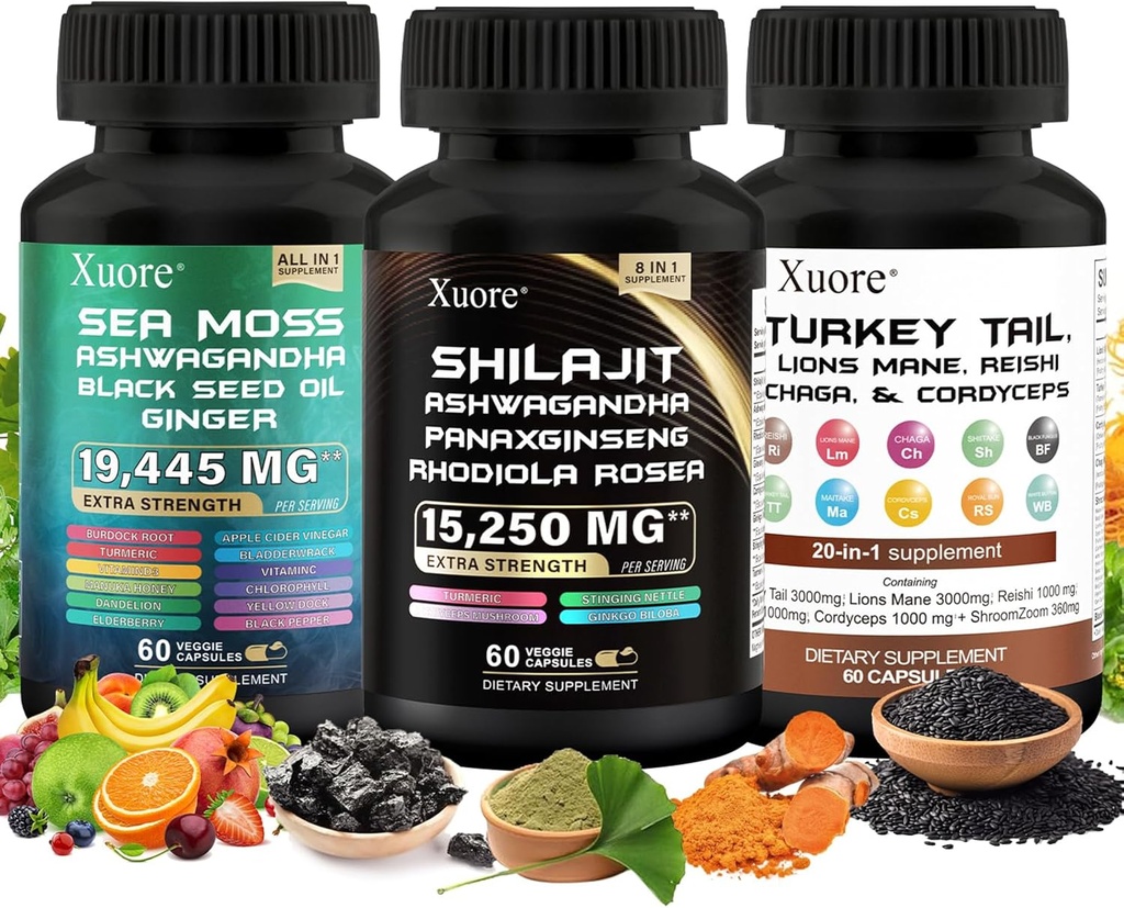 Shilajit, Sea Moss, Black Seed Oil, Mushroom & Herb Supplement med Lions Mane, Tyrkiet Tail, Reishi, Cordyceps, Chaga, Ashwagandha, Ginger, Rhodiola Rosea & Panax Ginseng, Alt i ét tillæg.