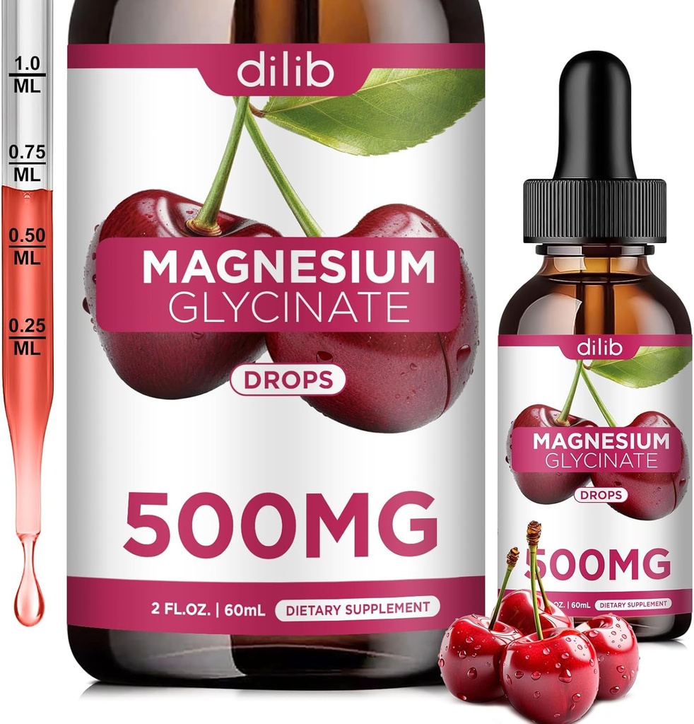 Magnesium Glycinat Supplement, Magnesium Glycinate Liquid Drops 500mg med calcium, zink, vitamin B6, D3, L- Theanin, Omega 3 til søvn, Mood, Stress Relief, Ben, Muskel, Cherry Flavor