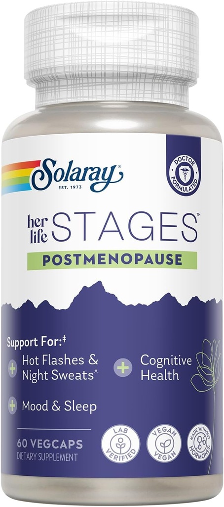 SOLARAY Postmenopause her Life Stages - Post Menopause Supplements for Women with Resveratrol - Vegan and Made Without Hormones - 60-Day Guarantee - Vegan, Lab Verified - 30 Servings, 60 VegCaps